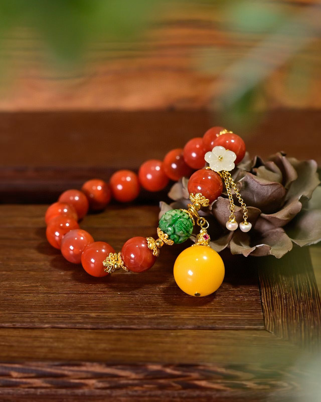 道毅珠宝川料南红玛瑙手链天然蜜蜡辣绿A货翡翠回纹珠925纯银镀金配饰和田玉小花详情图3