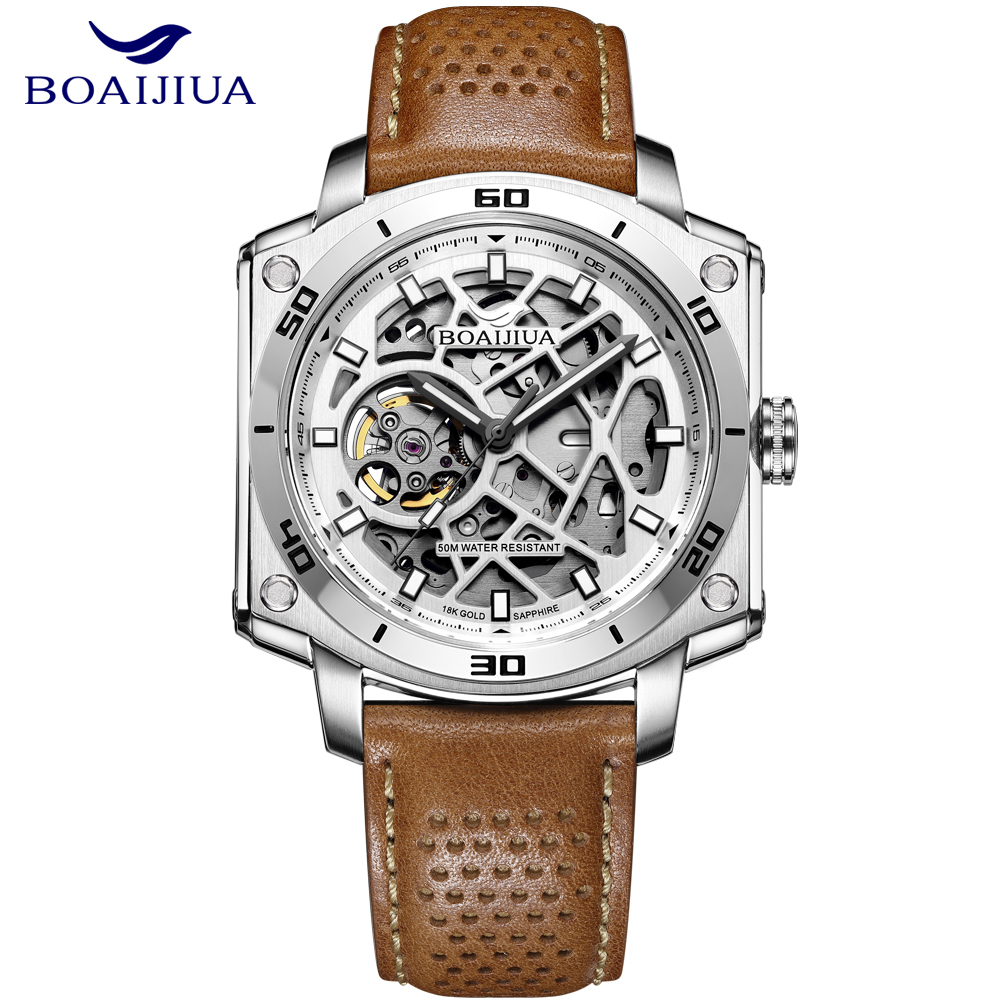 Bai Ai Jia 2025 New skeletonized automatic Mechanical Watch, fashionable waterproof men's watch, 18K gold label original genuine watch 8006, white sand silver 42.5mm full figure