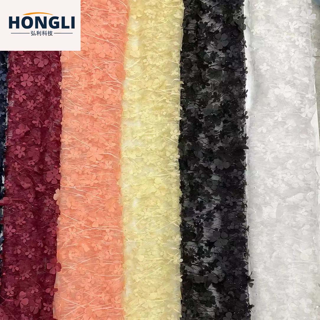 Hongli Technology's Spring and summer girls' small flower 3D laser embroidery fabric, multi-color laser embroidery colored fabric dress, HLJC-0996