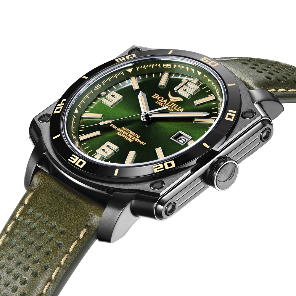 The new automatic mechanical men's watch from Baiaijia, a fashionable waterproof leather strap men's watch, an original genuine 18K gold label wristwatch 8005, jungle green 42.5mm details Picture