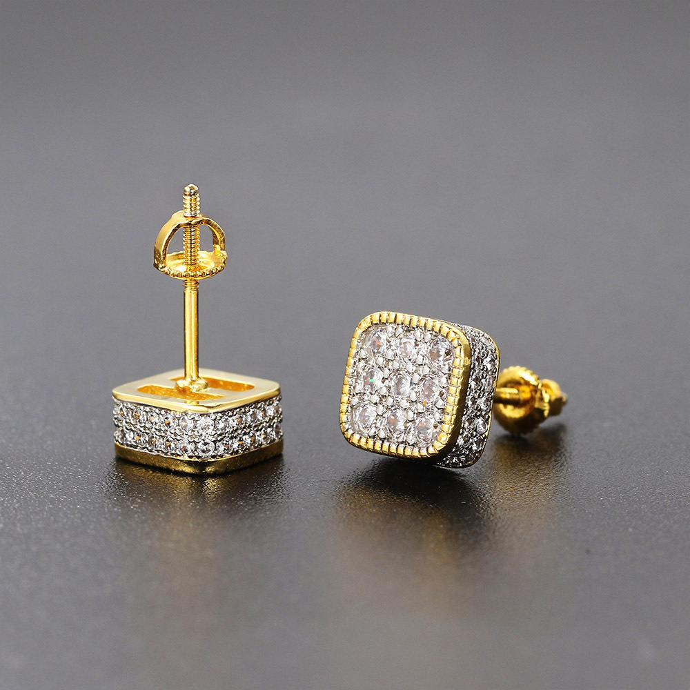Cross-border best-selling street square hip-hop stud earrings, full diamond zircon micro-inlaid color-separated electroplated threaded stud earrings and jewelry