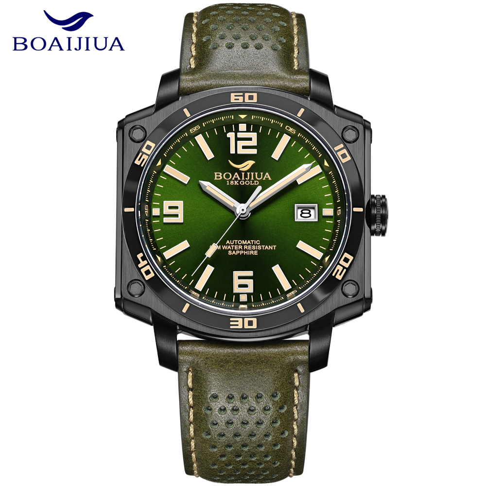 The new automatic mechanical men's watch from Baiaijia, a fashionable waterproof leather strap men's watch, an original genuine 18K gold label wristwatch 8005, jungle green 42.5mm full figure