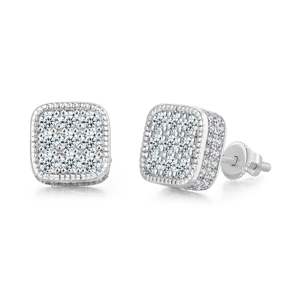 Cross-border best-selling street square hip-hop stud earrings, full diamond zircon micro-inlaid color-separated electroplated threaded stud earrings and jewelry detail image 4