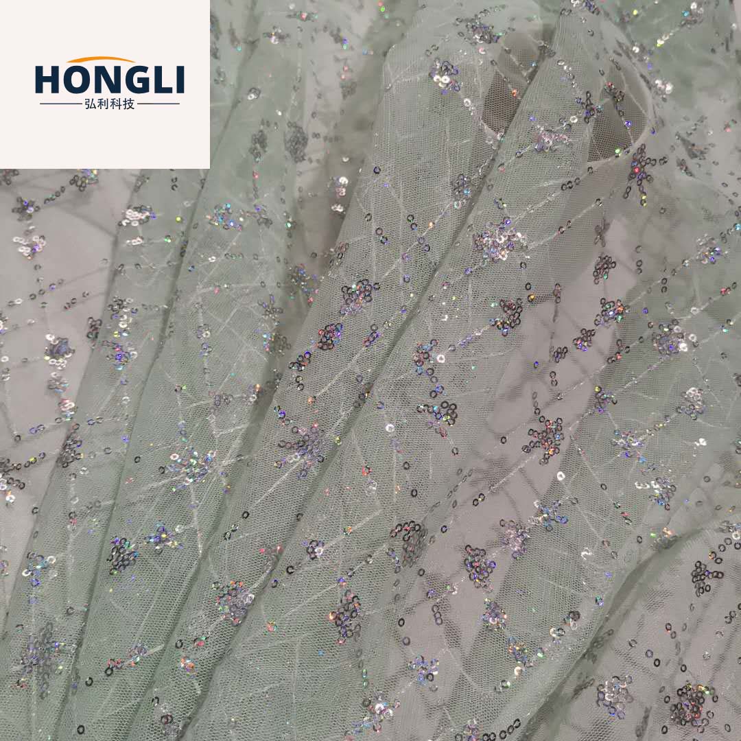 Hongli Technology HLJC-337 Europe Station Women's clothing sequined embroidery fabric lace dress, evening dress, wedding dress, checkered embroidery sequined fabric, supports cut rice sample, direct supply and customization in stock