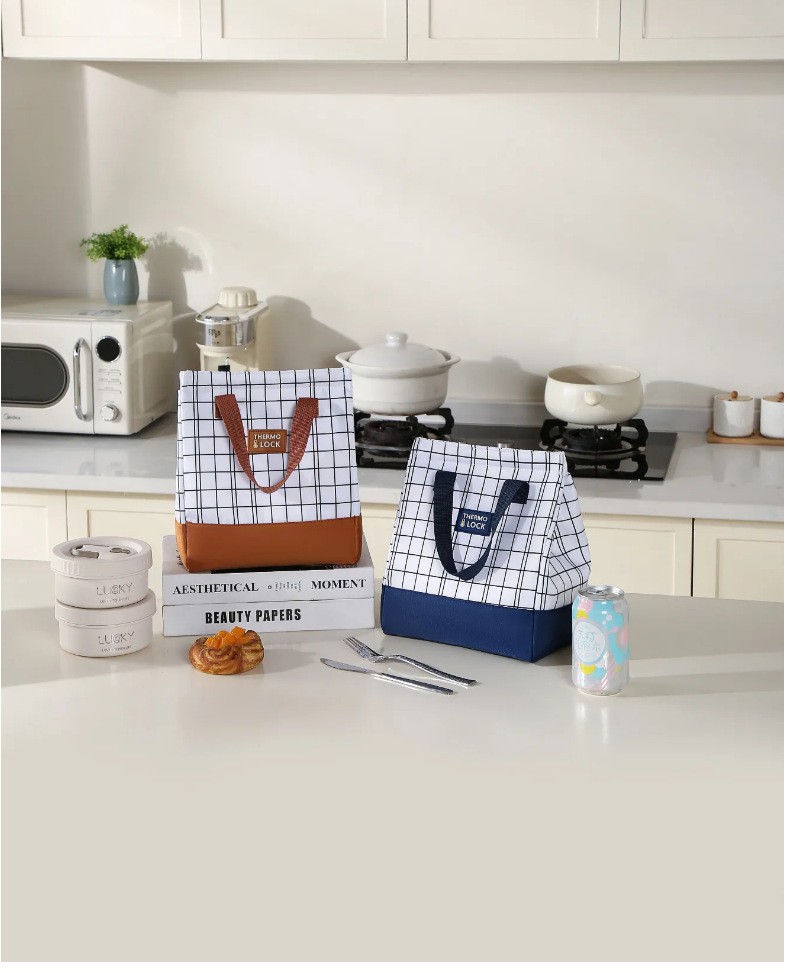 New grid minimalist meal bag, large-capacity insulated bag, lunch box bag, handbag, bento bag with rice, lunch bag detail image 8