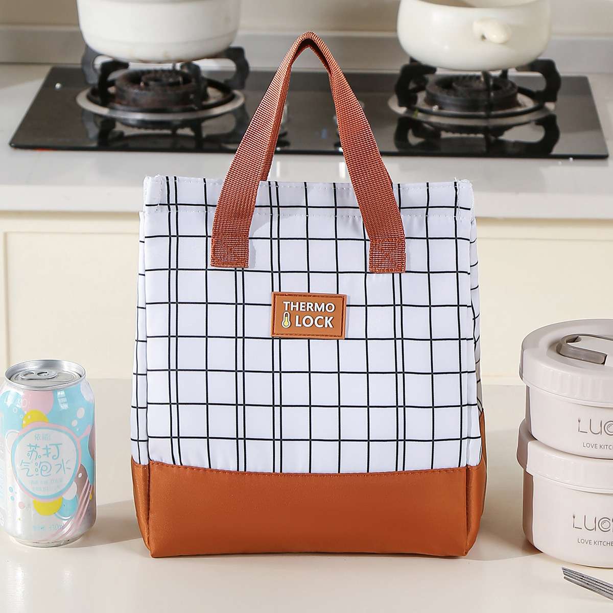New grid minimalist meal bag, large-capacity insulated bag, lunch box bag, handbag, bento bag with rice, lunch bag detail image 19