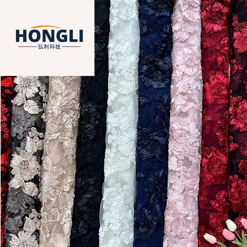 弘利科技 HLJC-332 厂家直销 新款立体网纱盘带芙蓉花绣 蕾丝童装花边 刺绣面料布料 支持剪米样 现货现发 订制