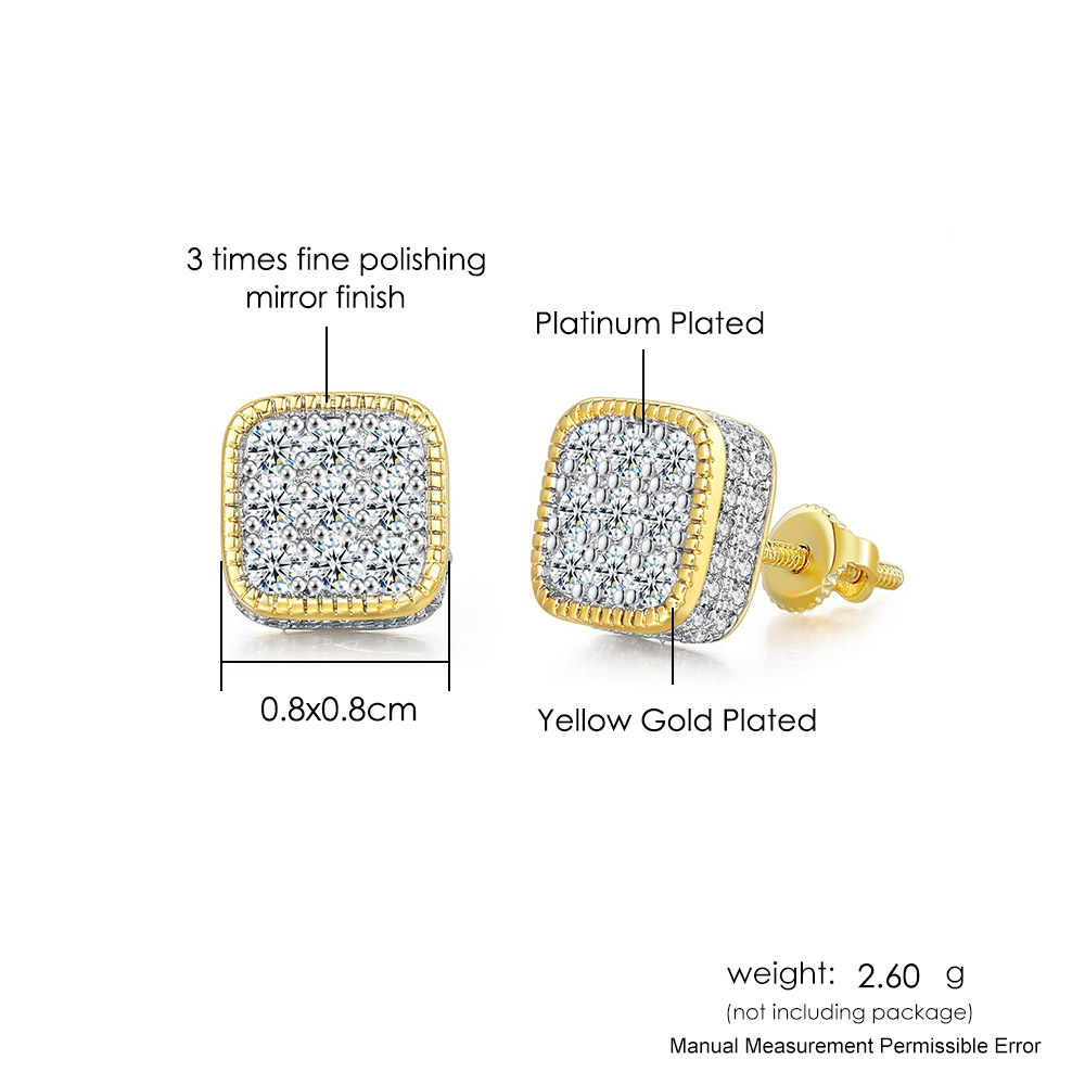 Cross-border best-selling street square hip-hop stud earrings, full diamond zircon micro-inlaid color-separated electroplated threaded stud earrings and jewelry Item Picture