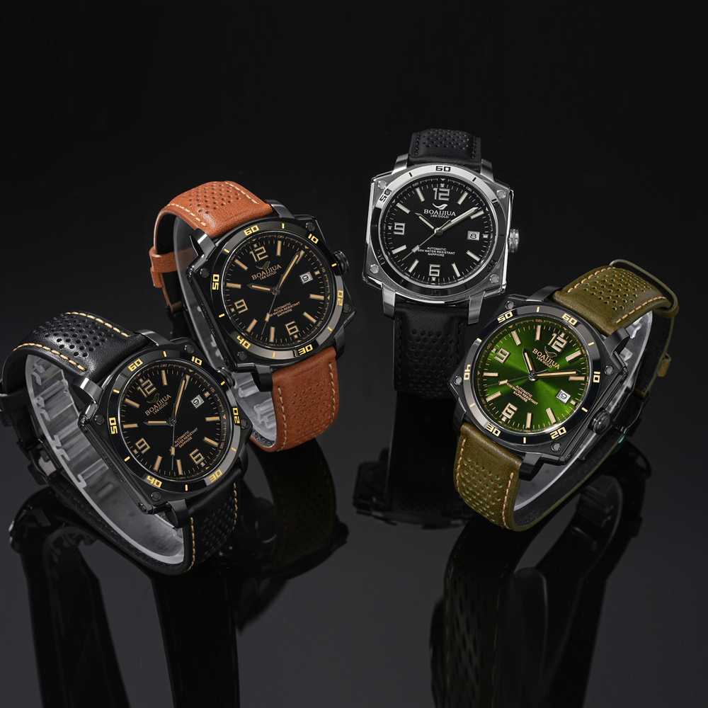 The new automatic mechanical men's watch from Baiaijia, a fashionable waterproof leather strap men's watch, an original genuine 18K gold label wristwatch 8005, jungle green 42.5mm Item Picture