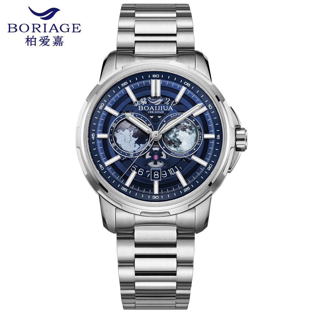 Baiaijia fully automatic mechanical men's watch, Starry Sky Waterproof Men's watch, original genuine 18K gold label steel band mechanical watch 8002 Starry Sky Blue full figure