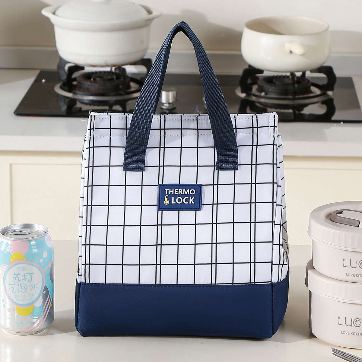 New grid minimalist meal bag, large-capacity insulated bag, lunch box bag, handbag, bento bag with rice, lunch bag detail image 14