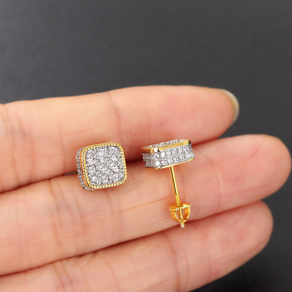 Cross-border best-selling street square hip-hop stud earrings, full diamond zircon micro-inlaid color-separated electroplated threaded stud earrings and jewelry detail image 5