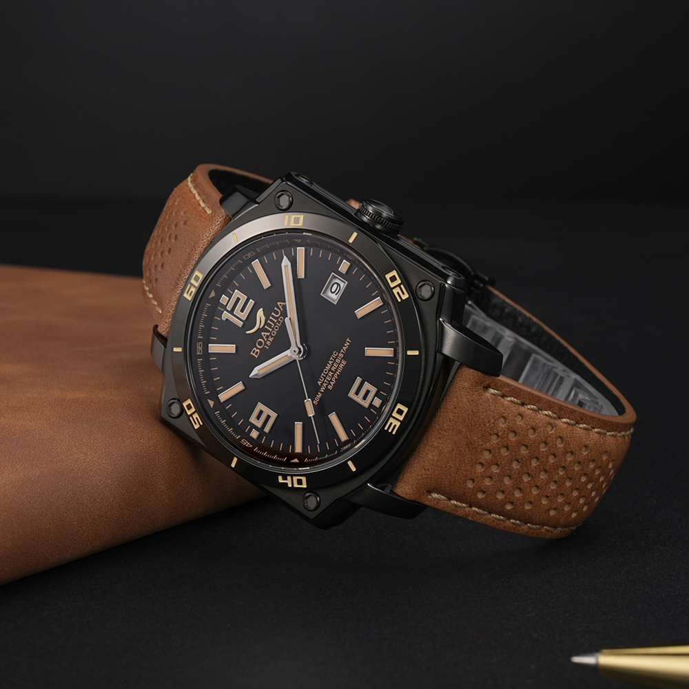 The new automatic mechanical men's watch from Baiaijia, a fashionable waterproof leather strap men's watch, an original genuine 18K gold label wristwatch 8005, obsidian black, 42.5mm Specification drawing