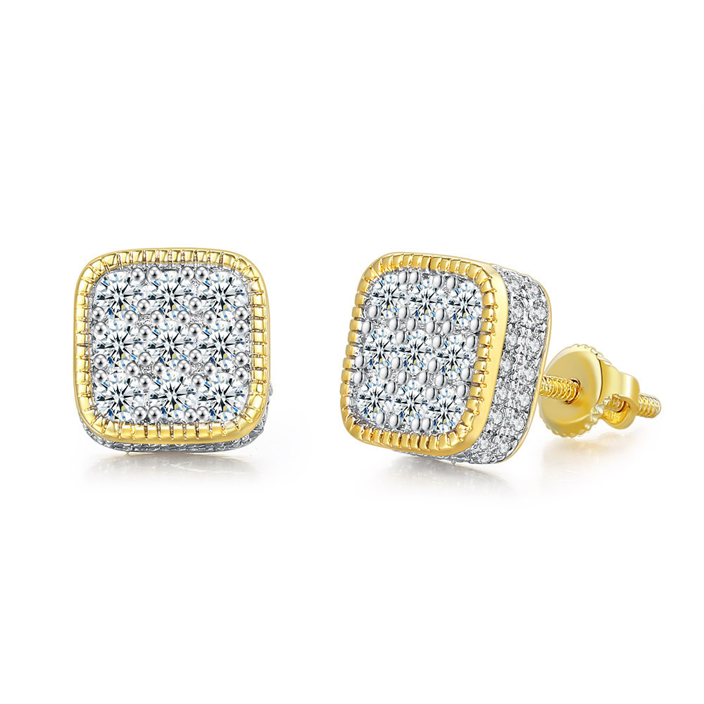 Cross-border best-selling street square hip-hop stud earrings, full diamond zircon micro-inlaid color-separated electroplated threaded stud earrings and jewelry detail image 6