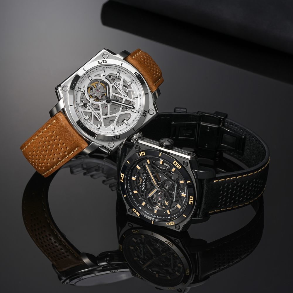 Bai Ai Jia 2025 New skeletonized automatic Mechanical Watch, fashionable waterproof men's watch, 18K gold label original genuine watch 8006 Phantom Black 42.5mm Item Picture