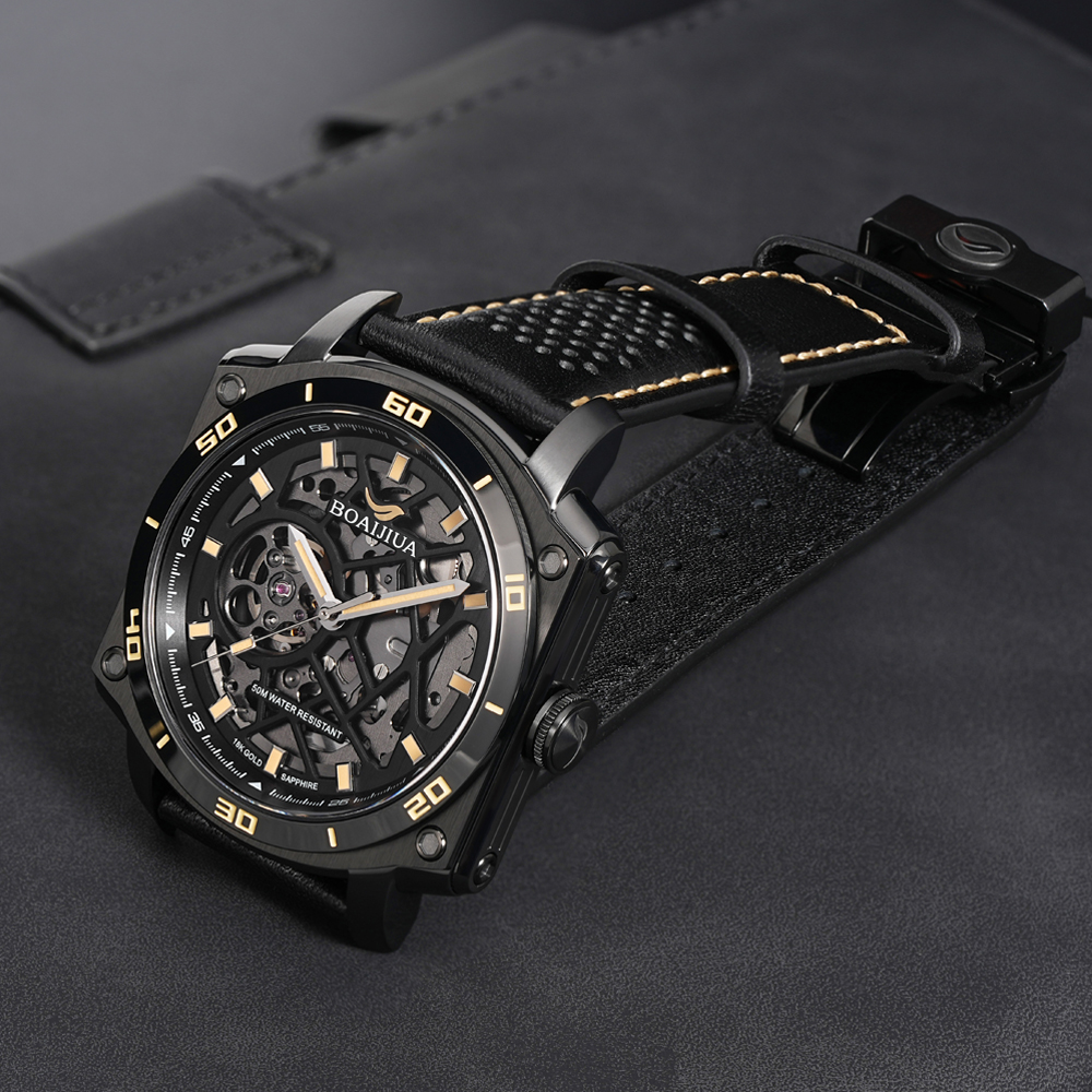 Bai Ai Jia 2025 New skeletonized automatic Mechanical Watch, fashionable waterproof men's watch, 18K gold label original genuine watch 8006 Phantom Black 42.5mm Specification drawing