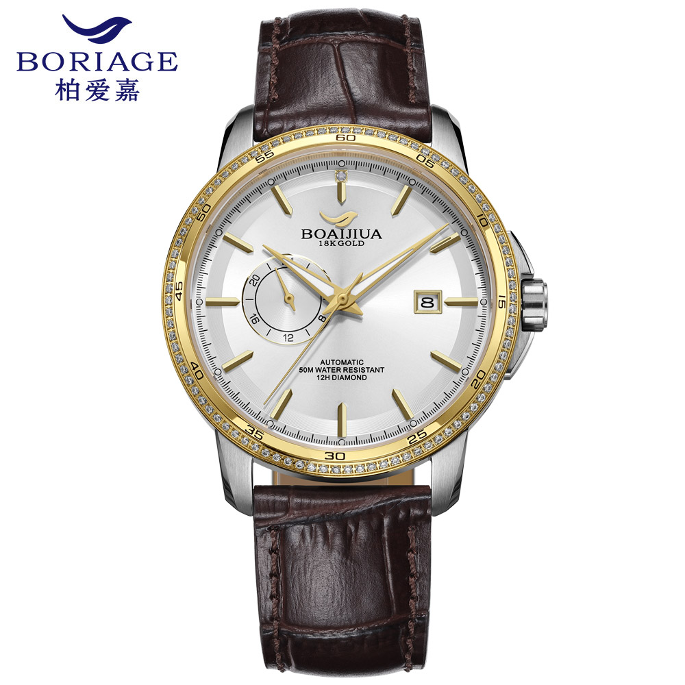 Baiaijia fully automatic mechanical men's watch, waterproof men's wristwatch, original genuine leather and real diamond watch, 18K gold label watch, 8001 daylight gold full figure
