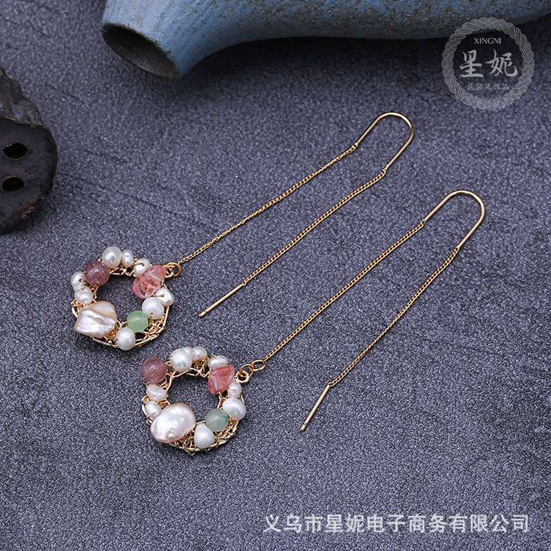 Ancient-style genuine pearl, Baroque chalcedony, agate and crushed stone earrings, ear strings Application Scenario