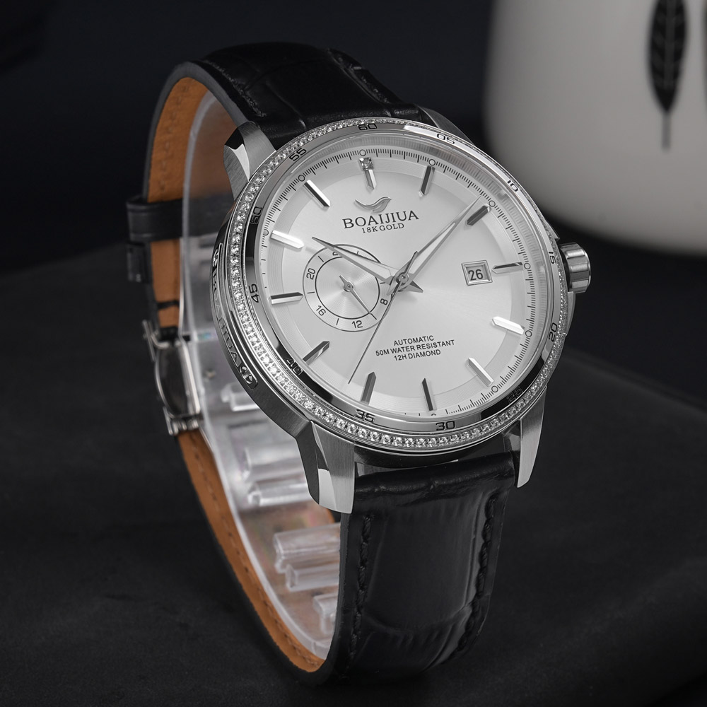 Baiaijia fully automatic mechanical men's watch, waterproof men's wristwatch, original genuine leather and real diamond watch, 18K gold label watch 8001 Cold Moon white Specification drawing