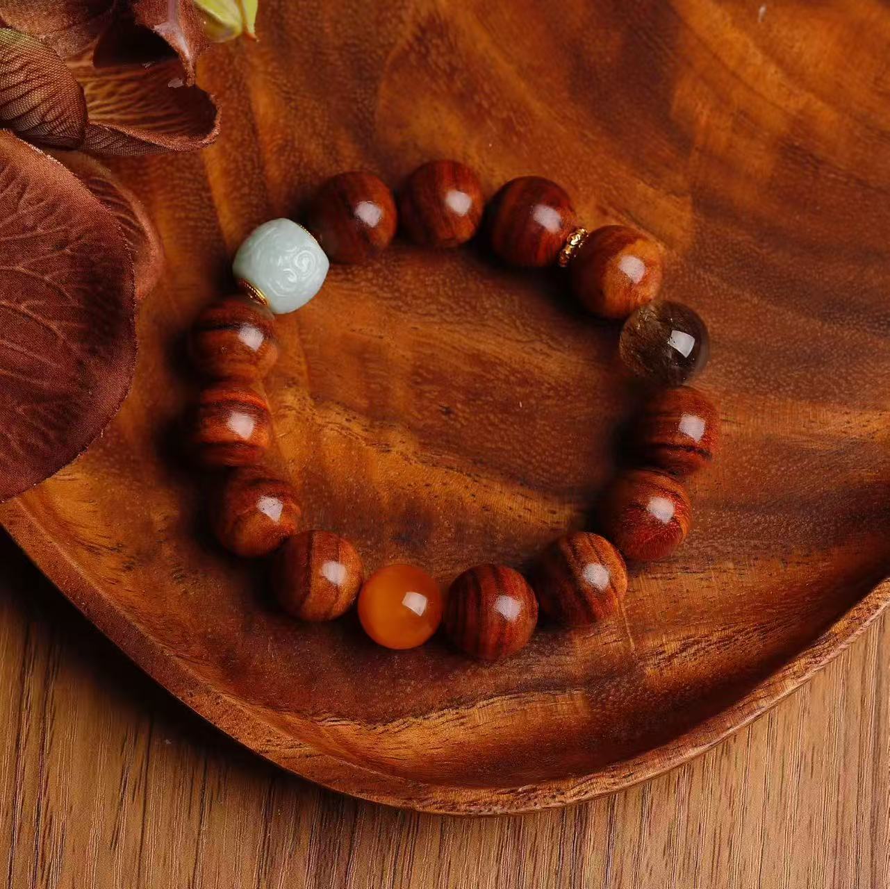 道毅珠宝天然海南黄花梨手串手链老蜜蜡绿色翡翠路路黑金超石详情图3