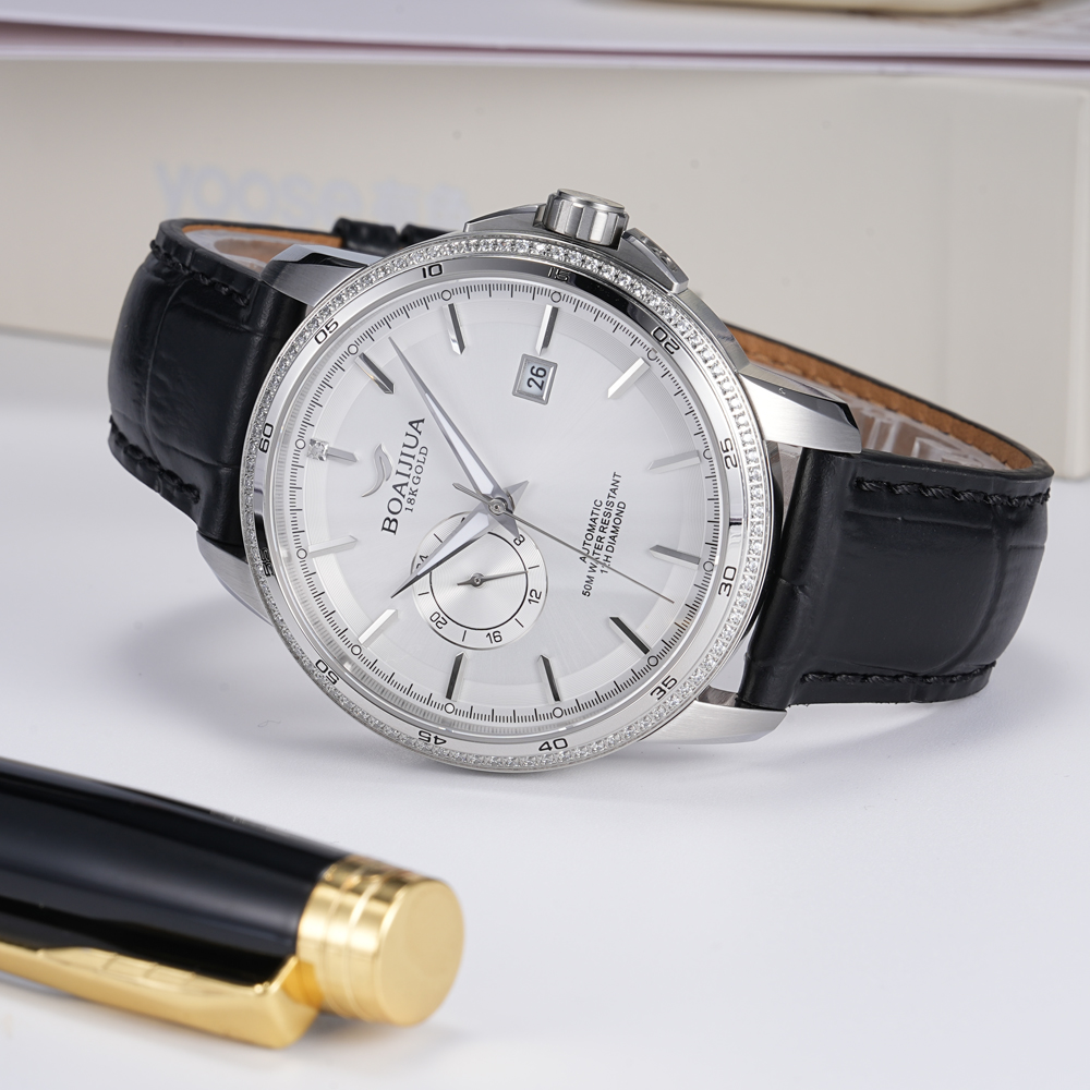 Baiaijia fully automatic mechanical men's watch, waterproof men's wristwatch, original genuine leather and real diamond watch, 18K gold label watch 8001 Cold Moon white details Picture