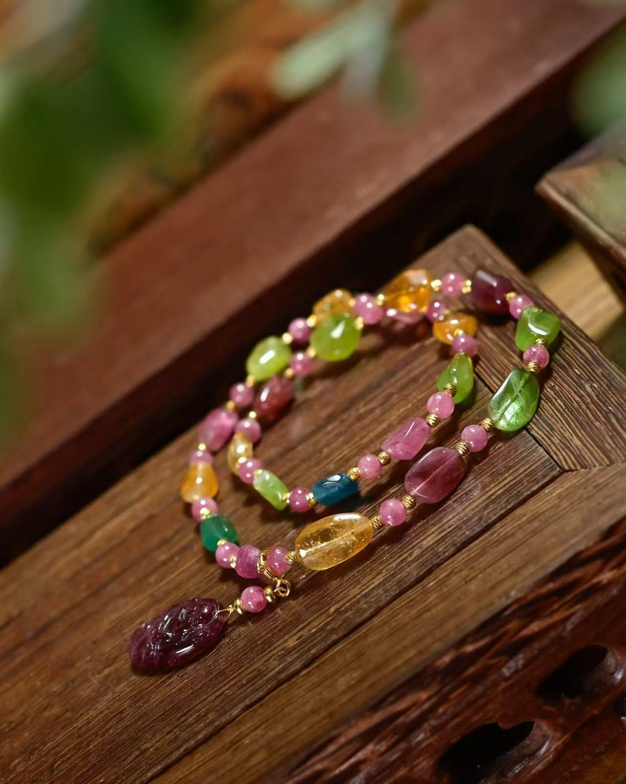 道毅珠宝天然浓彩碧玺双圈手链搭配可拆卸2.65g大肚笑佛吊坠925纯银镀金配饰详情图2