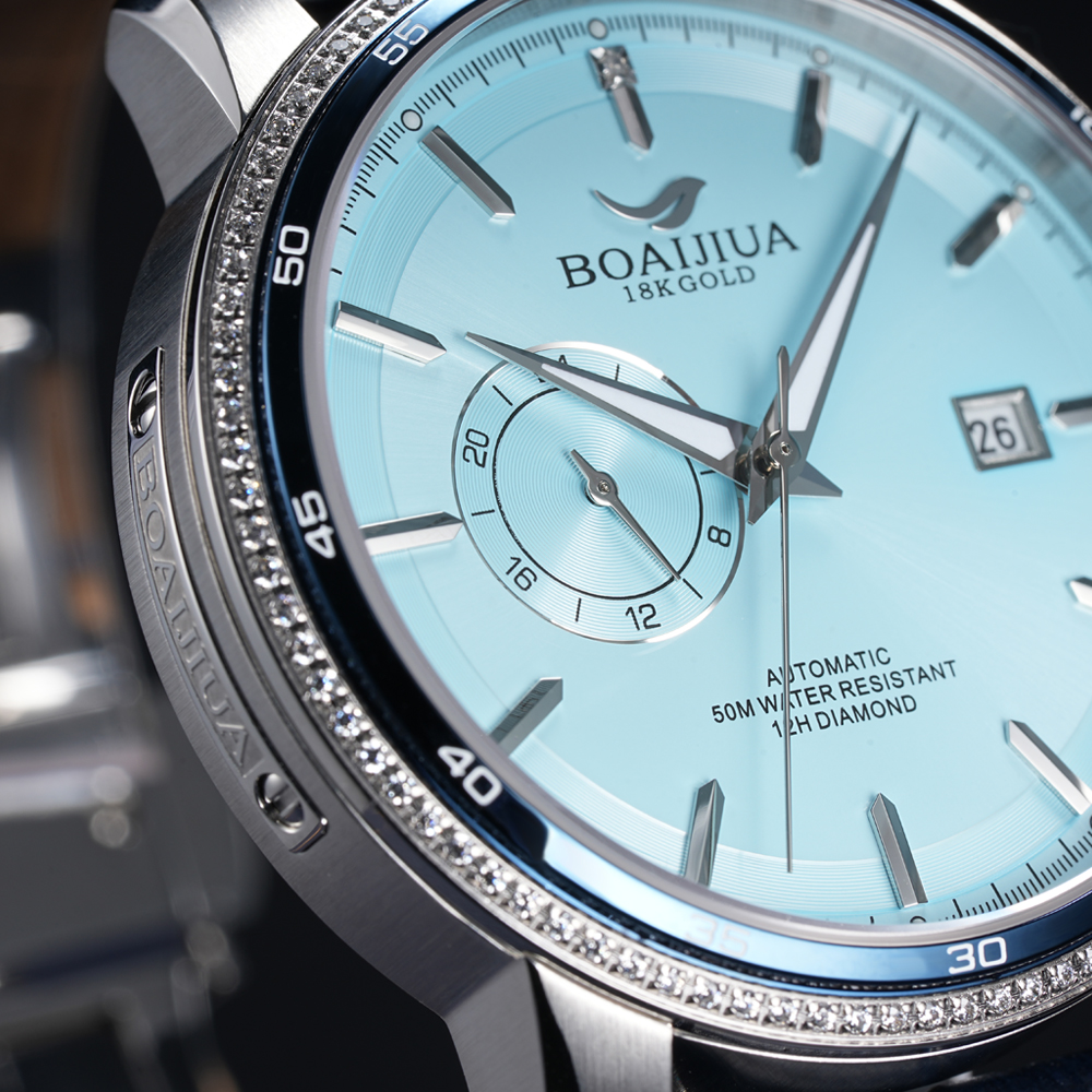 Baiaijia fully automatic mechanical men's watch, waterproof men's wristwatch, original genuine leather and real diamond watch, 18K gold label watch 8001 Glacier blue details Picture