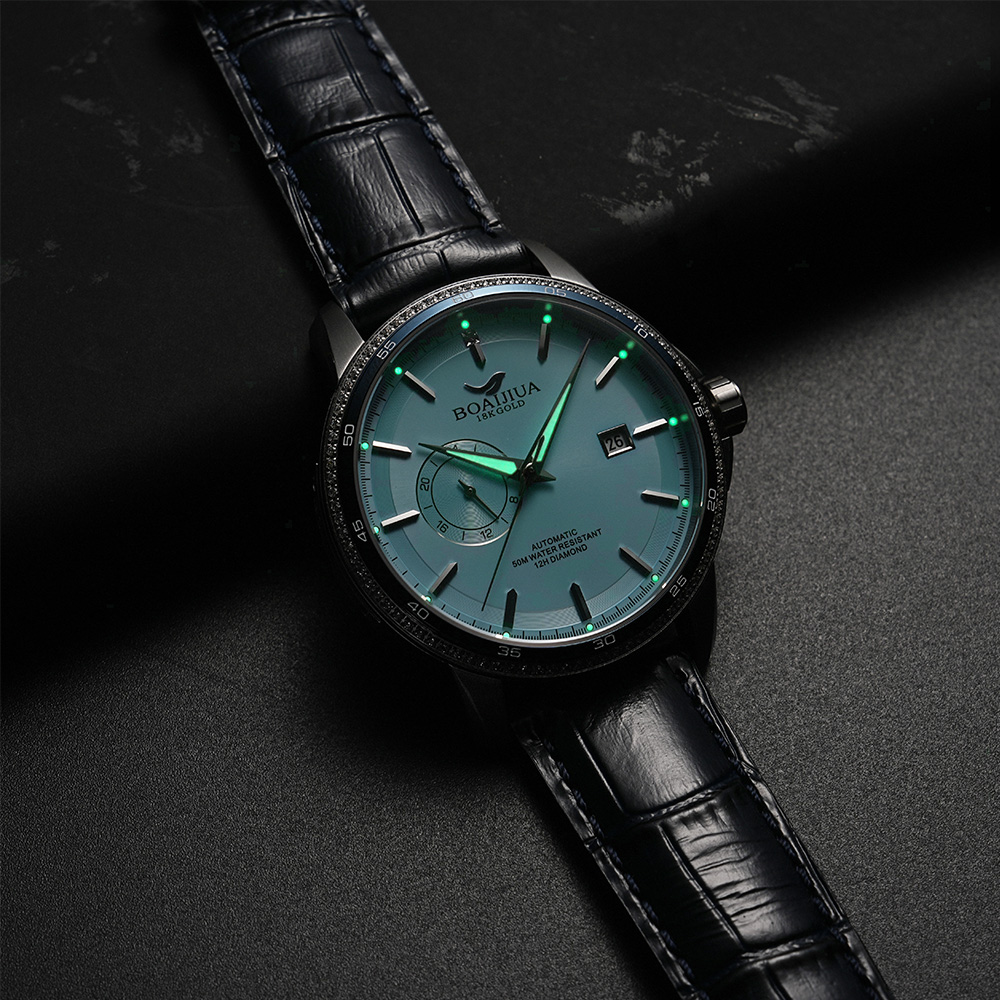 Baiaijia fully automatic mechanical men's watch, waterproof men's wristwatch, original genuine leather and real diamond watch, 18K gold label watch 8001 Glacier blue Application Scenario