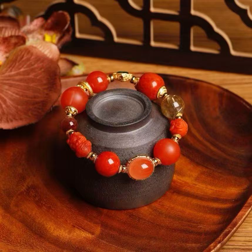  天然保山南红手串手链冰红南红蛋面镶嵌磨砂南红财神爷冰绿翡翠如意镶嵌S925银南红醒狮满肉南红石老型圆珠冰红南红红发晶详情图4