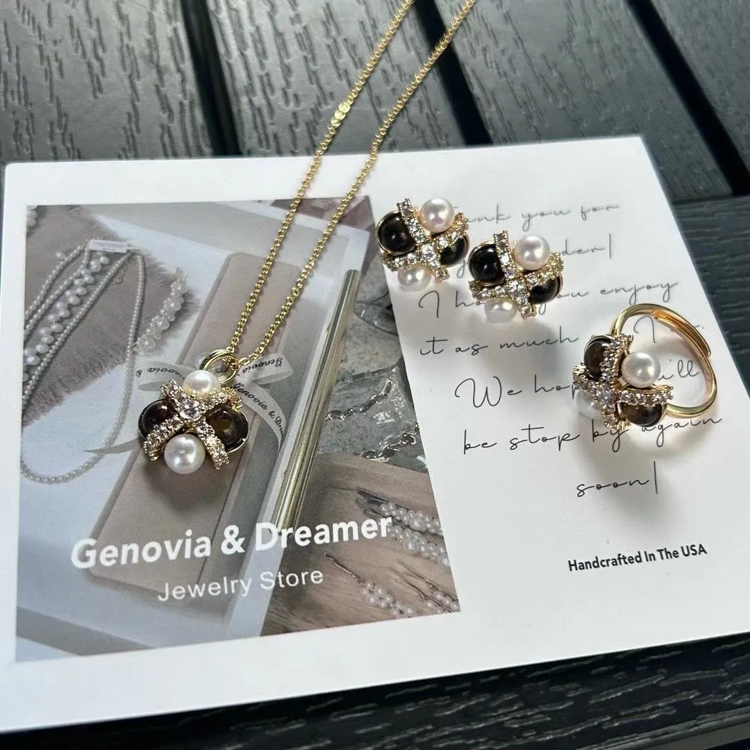 Maillard Tiger's Eye pearl pendant necklace for women, retro, individual, light luxury, elegant, fashionable and versatile necklace sweater chain three-piece set detail image 5