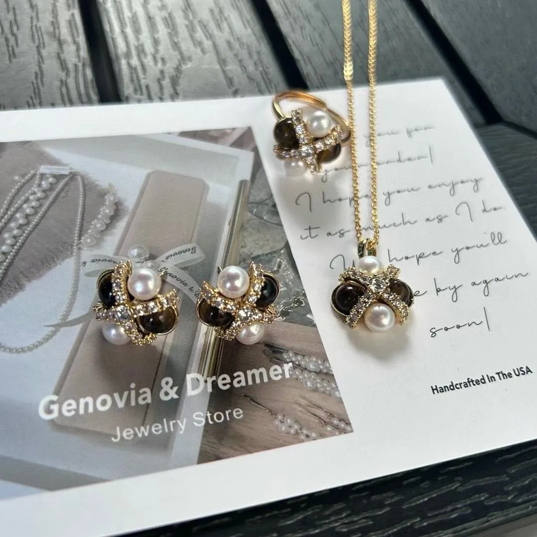 Maillard Tiger's Eye pearl pendant necklace for women, retro, individual, light luxury, elegant, fashionable and versatile necklace sweater chain three-piece set detail image 7