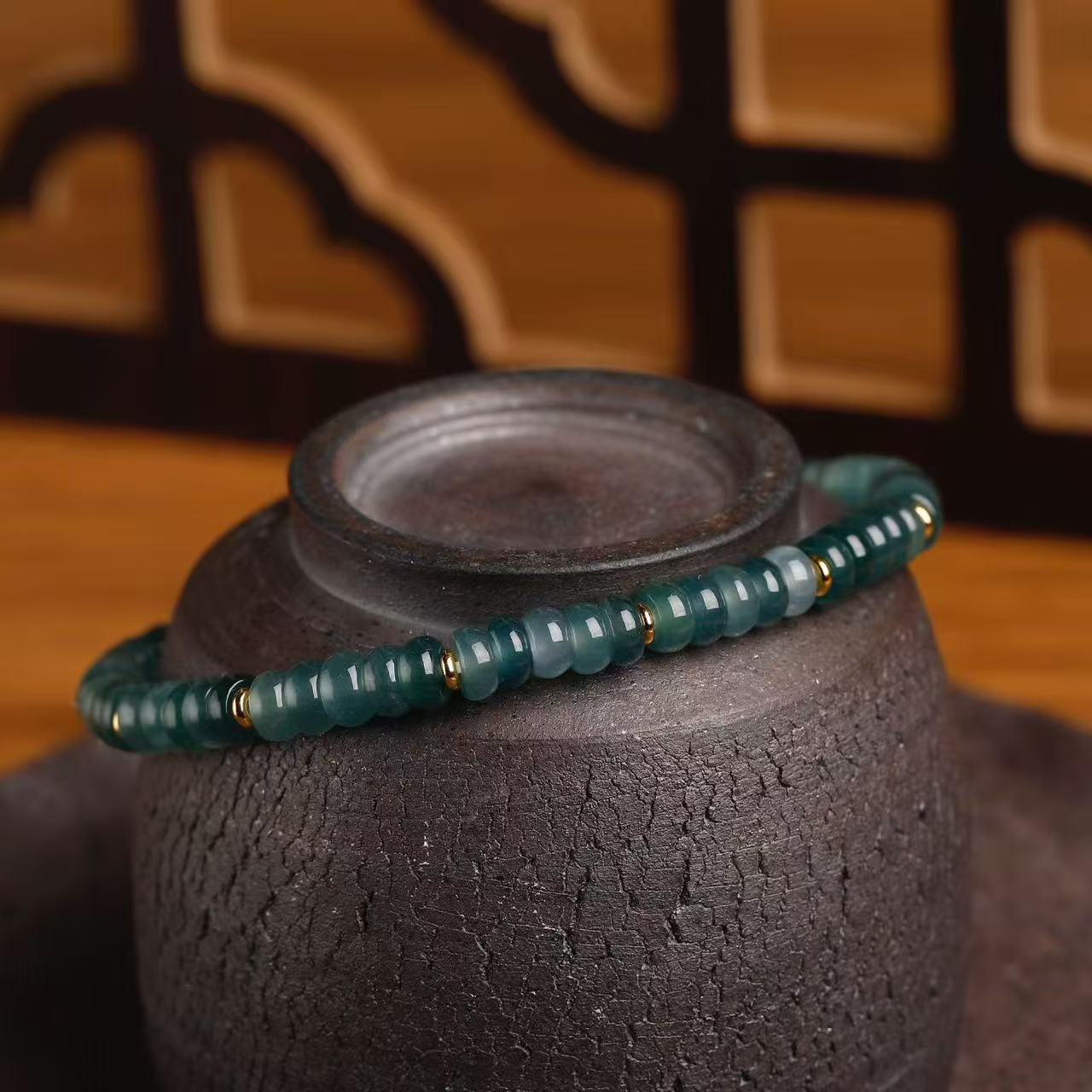 道毅珠宝银厚镀黄金天然冰种翡翠算盘珠手串手链辣绿色翡翠小桶珠紫龙晶蛋细节图