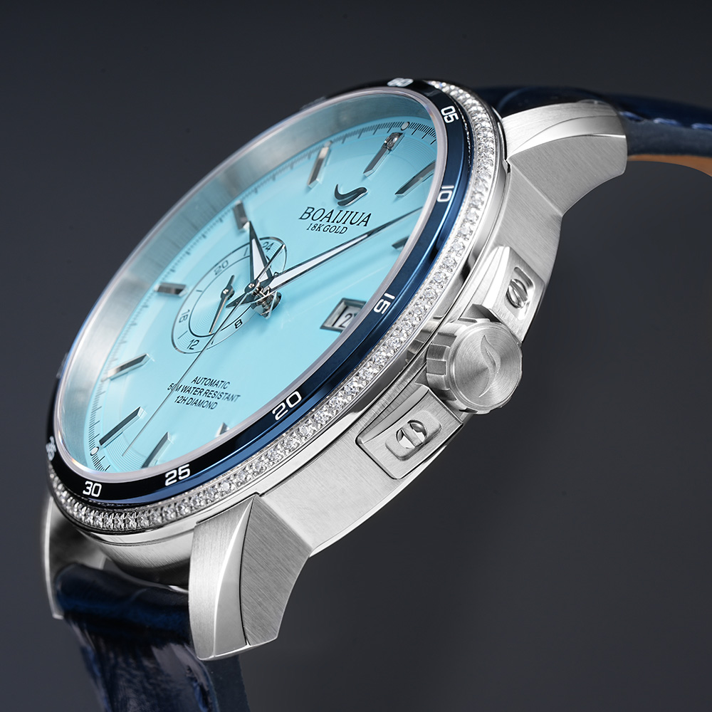Baiaijia fully automatic mechanical men's watch, waterproof men's wristwatch, original genuine leather and real diamond watch, 18K gold label watch 8001 Glacier blue Specification drawing