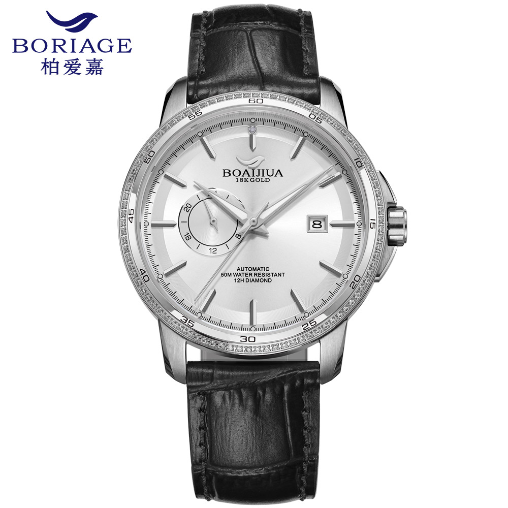 Baiaijia fully automatic mechanical men's watch, waterproof men's wristwatch, original genuine leather and real diamond watch, 18K gold label watch 8001 Cold Moon white full figure
