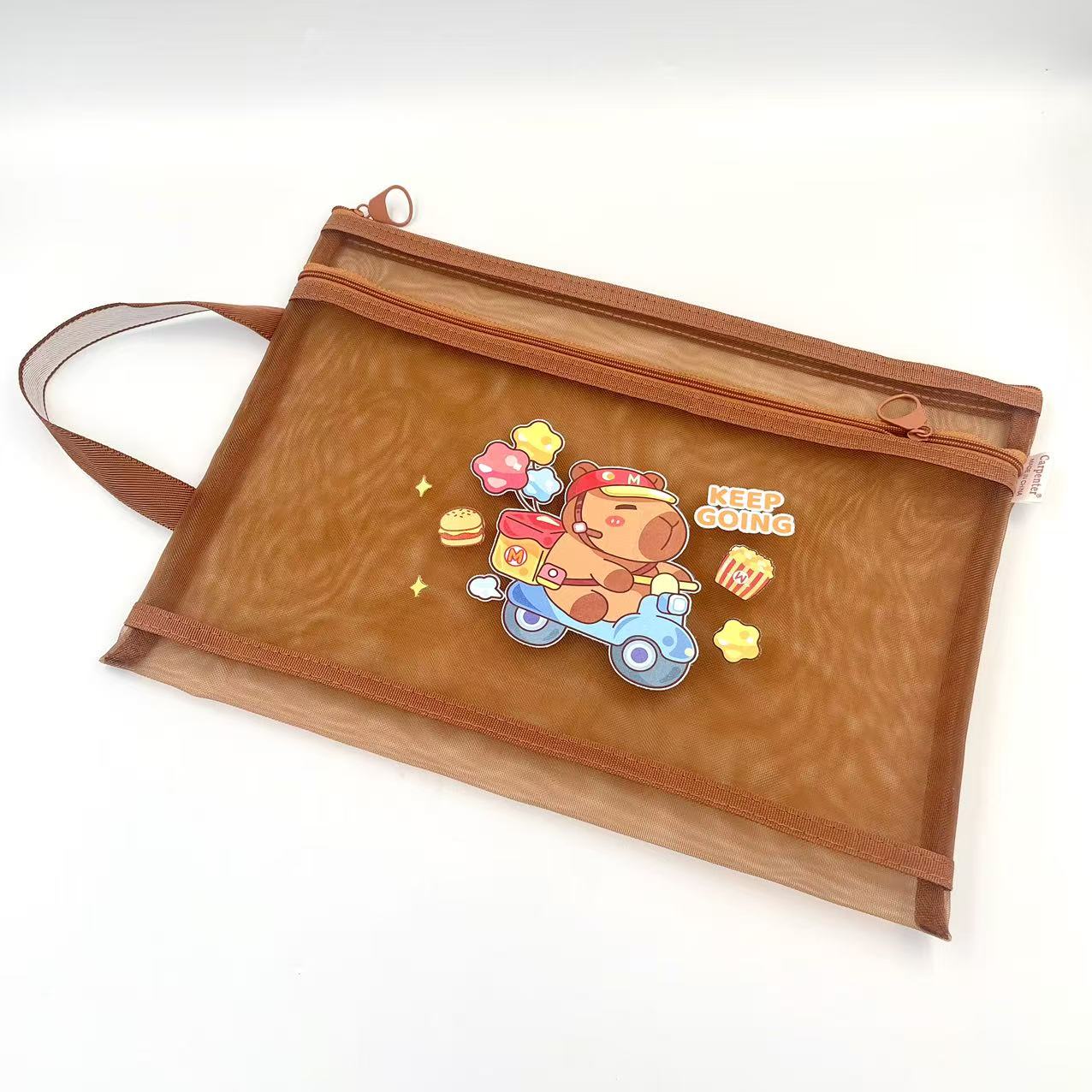 A4 double-layer zipper bag, cartoon printed net bag, student stationery bag, double-layer pen bag, office materials bag Specification image