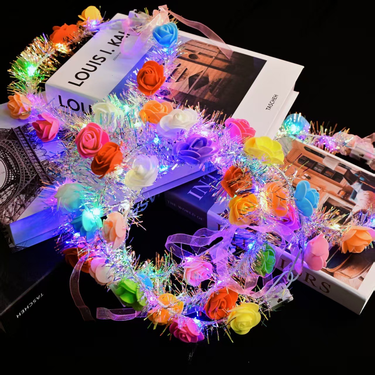 十朵金丝小玫瑰LED发光花环 七彩闪灯三挡调节 亮丝装饰超亮眼 夜市景区热卖款 儿童成人节日头饰 网红拍照地推爆款道具