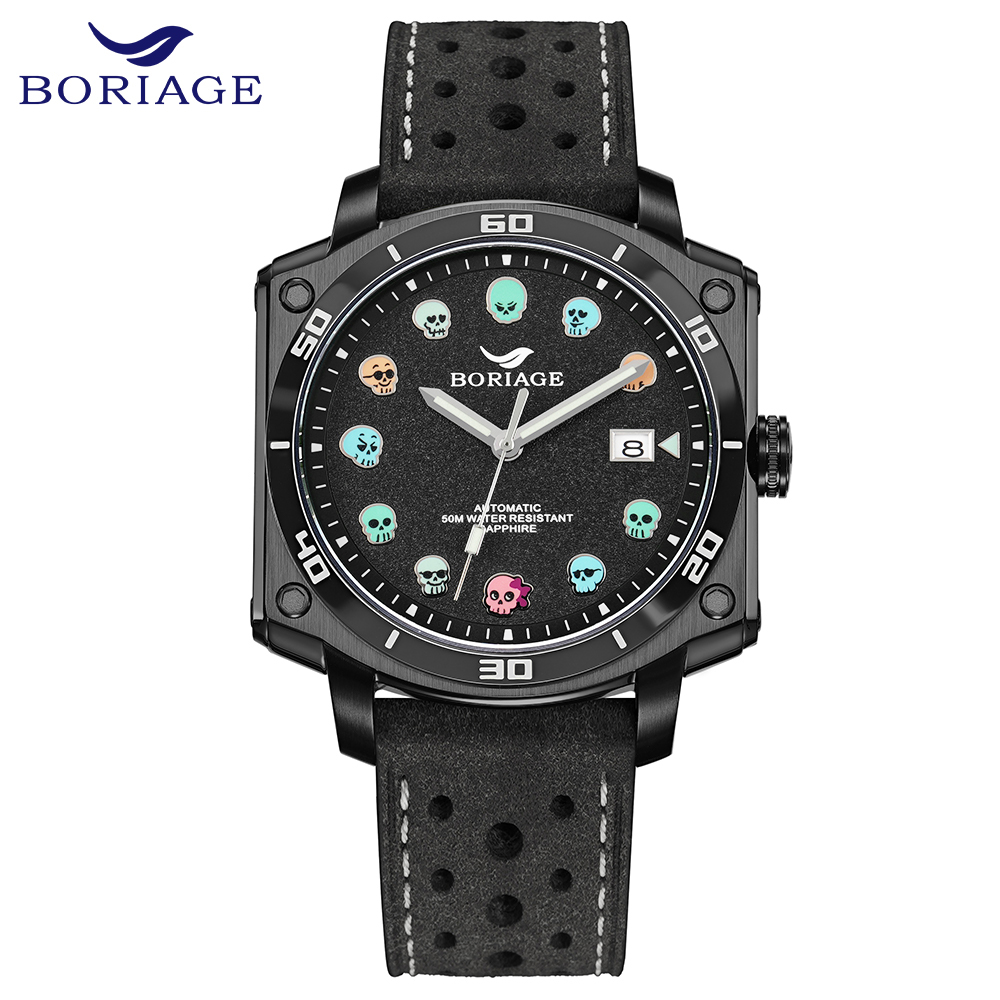 Baiaijia's new automatic mechanical men's watch, a fashionable waterproof leather strap men's watch, an original genuine 18K gold label wristwatch 8008 Phantom Black full figure