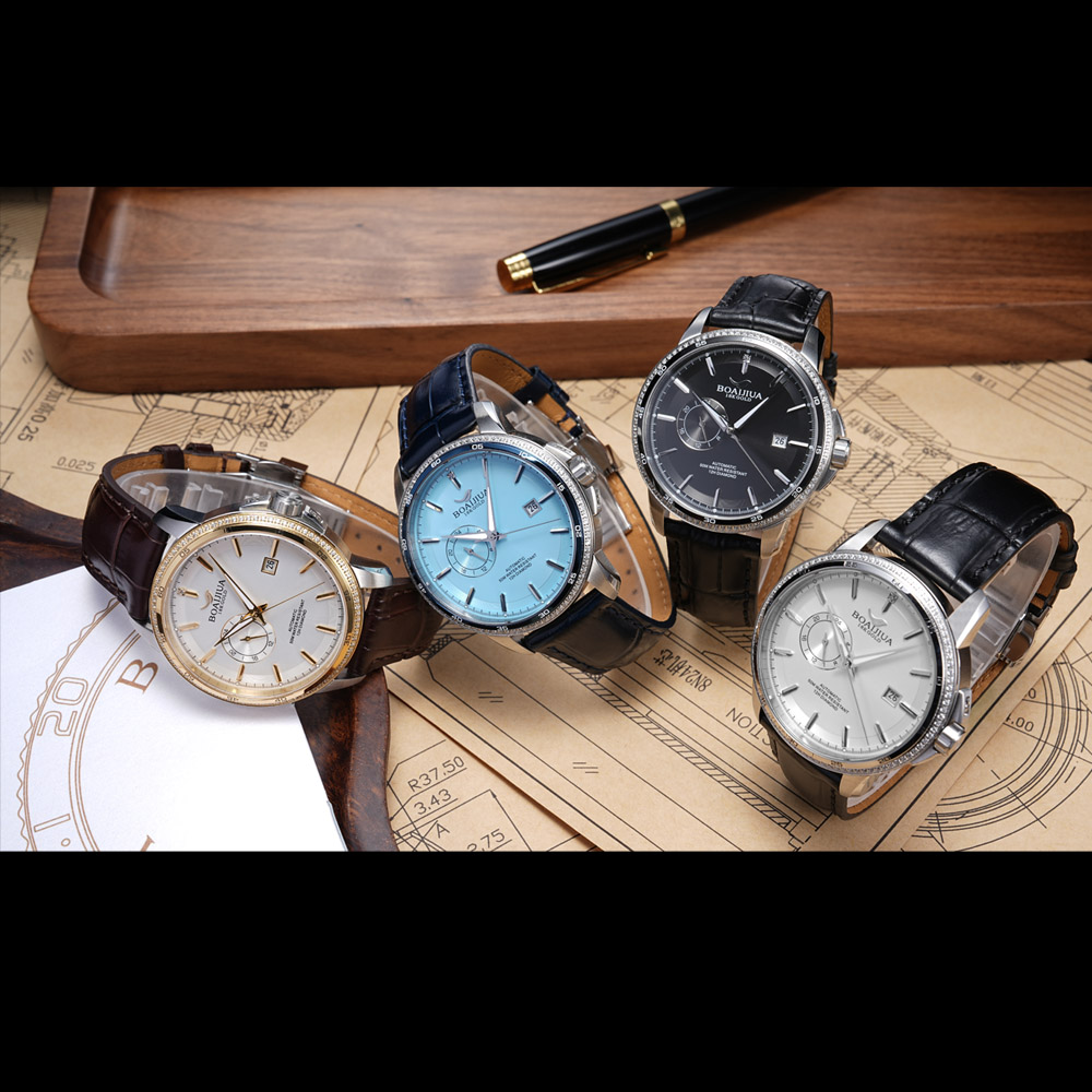 Baiaijia fully automatic mechanical men's watch, waterproof men's wristwatch, original genuine leather and real diamond watch, 18K gold label watch 8001 Glacier blue Item Picture