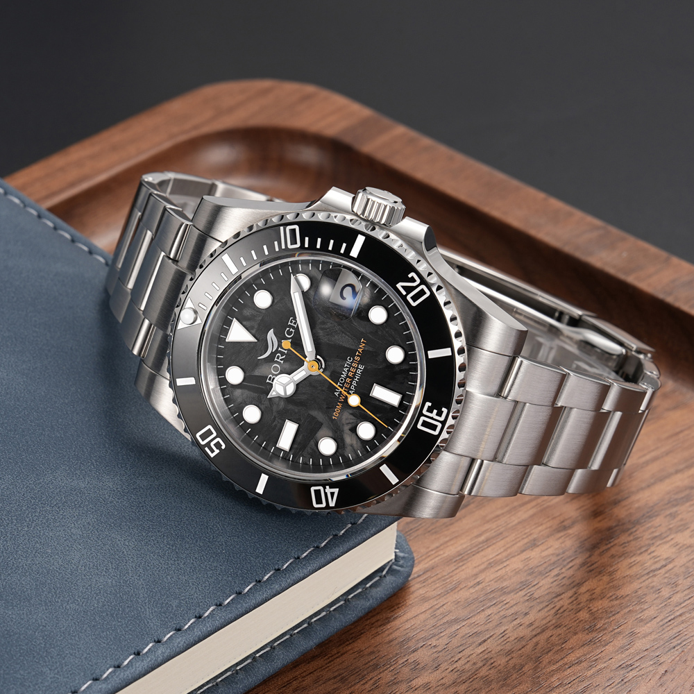 The new automatic mechanical men's watch from Baiaijia, a fashionable waterproof leather strap men's watch, an original genuine 18K gold label wristwatch 8003 in polar black Item Picture