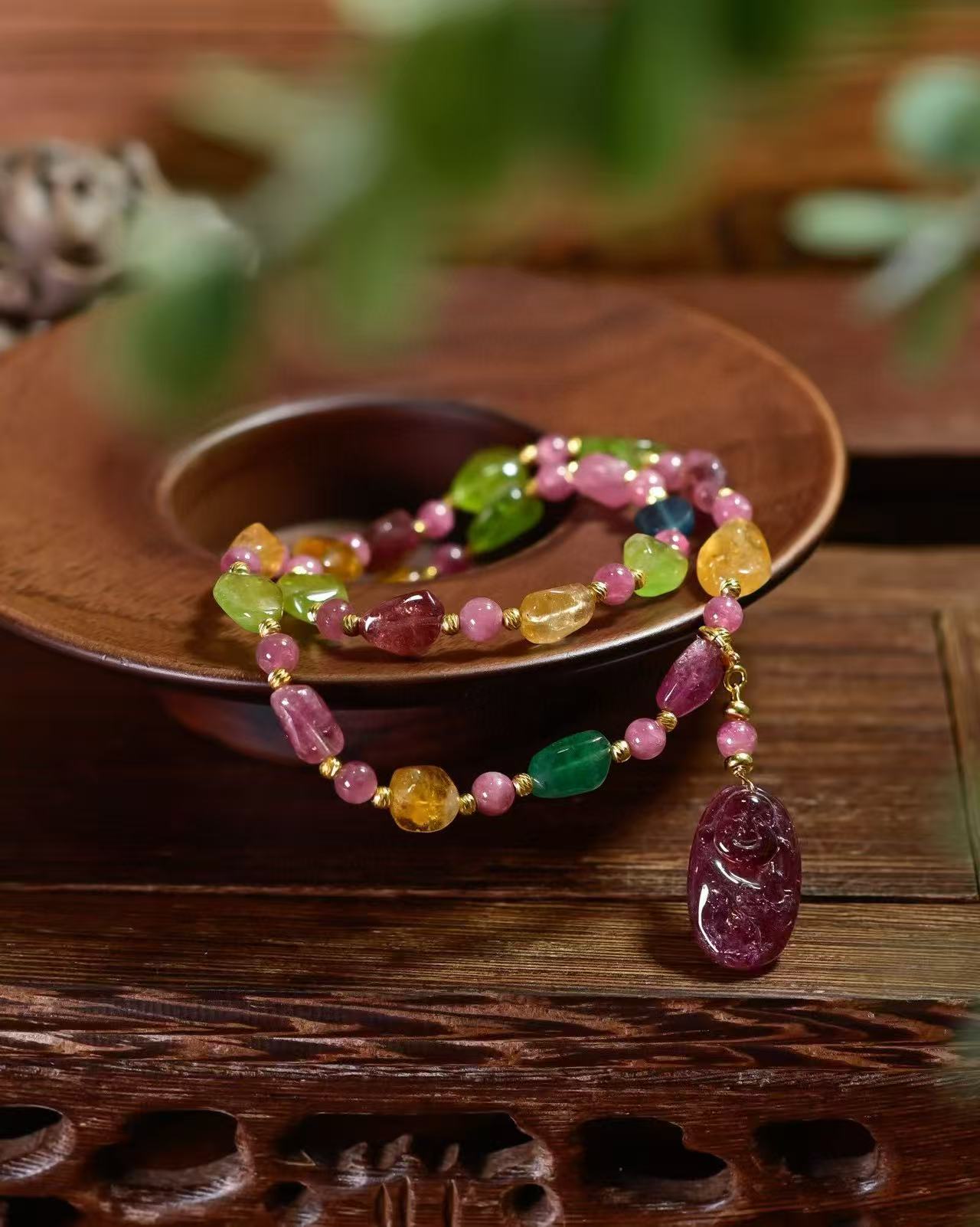 道毅珠宝天然浓彩碧玺双圈手链搭配可拆卸2.65g大肚笑佛吊坠925纯银镀金配饰详情图3