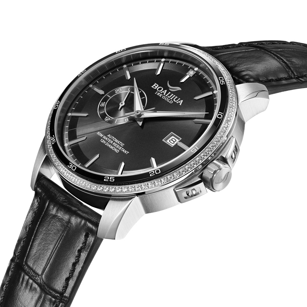Baiaijia fully automatic mechanical men's watch, waterproof men's wristwatch, original genuine leather and real diamond watch, 18K gold label watch 8001 Night Black details Picture