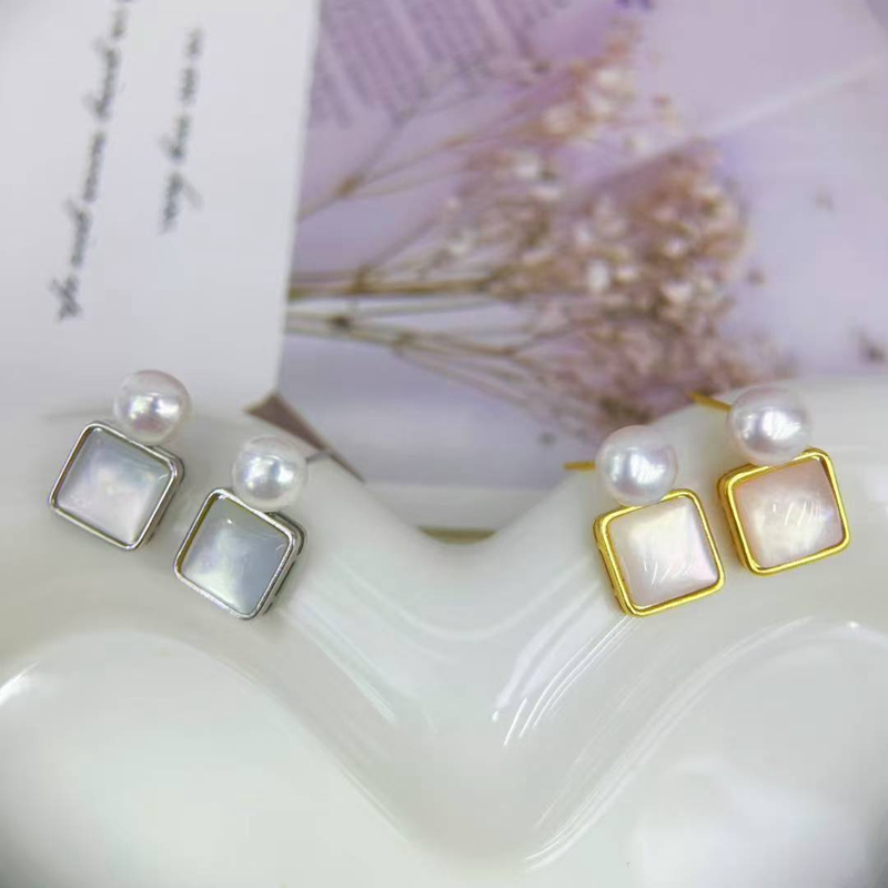 New natural pearl niche design square sugar mother-of-pearl earrings, simple, fashionable and elegant stud earrings, light luxury earrings detail image 3