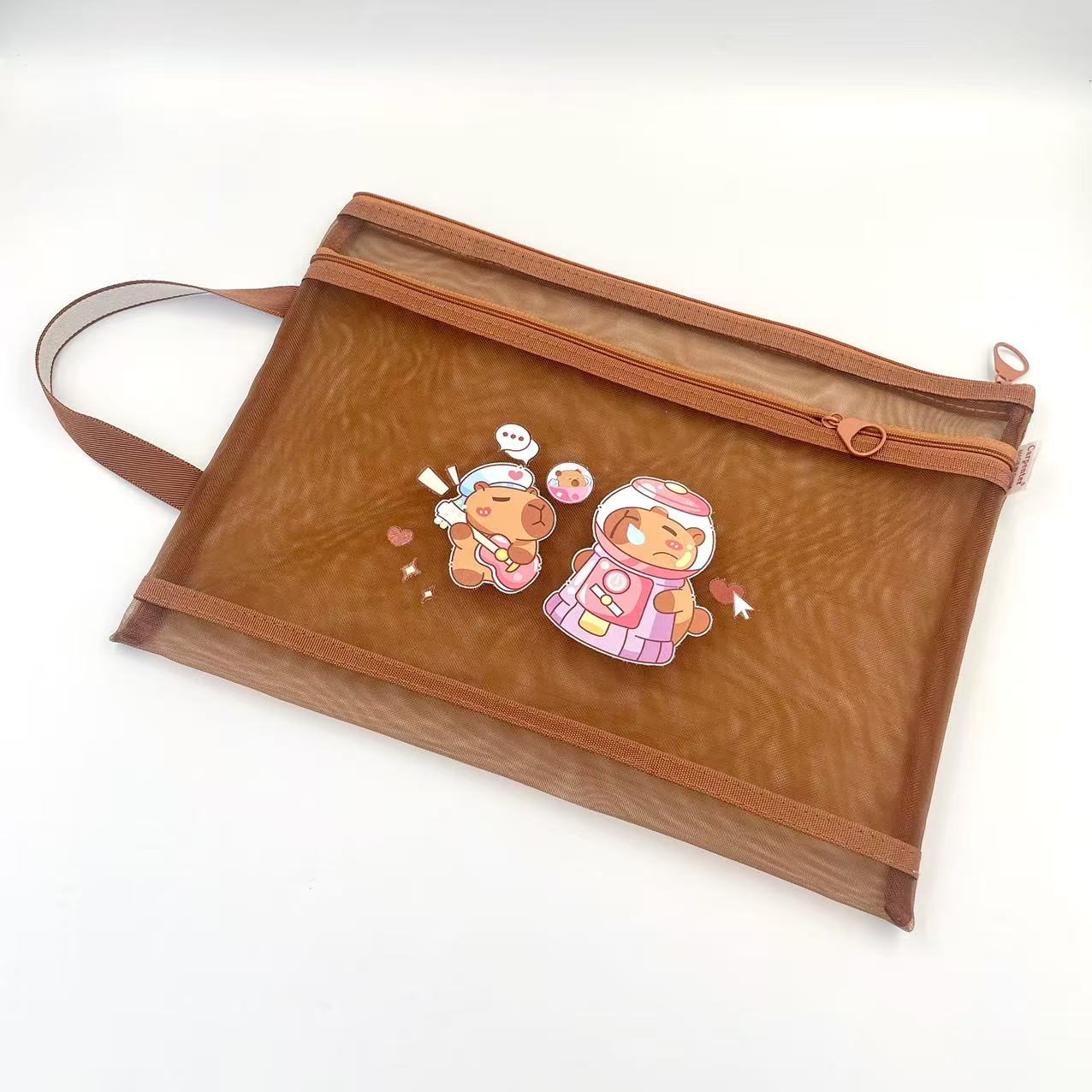 A4 double-layer zipper bag, cartoon printed net bag, student stationery bag, double-layer pen bag, office materials bag details Picture