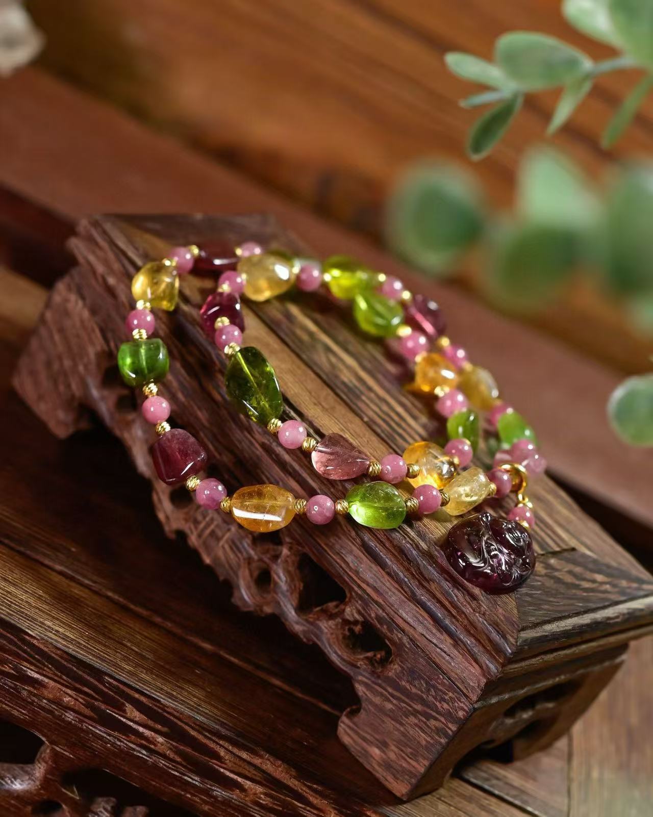 道毅珠宝天然浓彩碧玺双圈手链搭配可拆卸2.65g大肚笑佛吊坠925纯银镀金配饰细节图