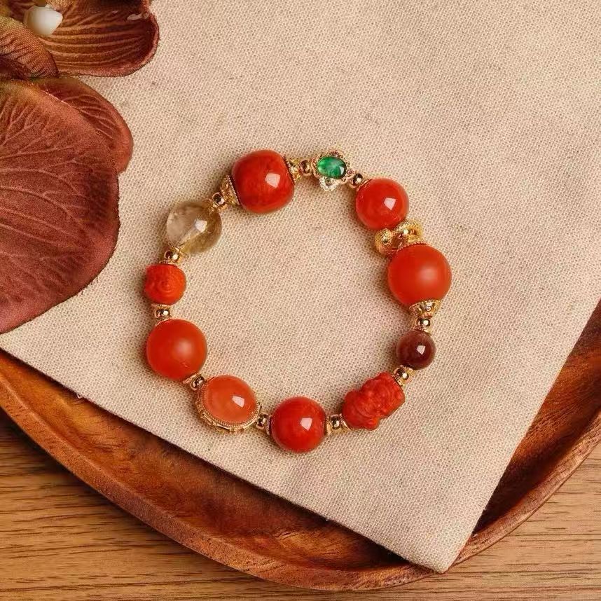  天然保山南红手串手链冰红南红蛋面镶嵌磨砂南红财神爷冰绿翡翠如意镶嵌S925银南红醒狮满肉南红石老型圆珠冰红南红红发晶详情图3