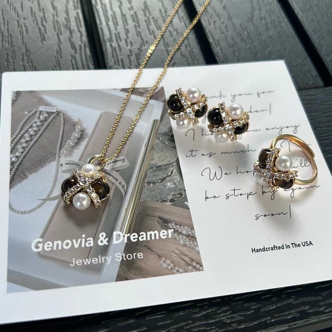Maillard Tiger's Eye pearl pendant necklace for women, retro, individual, light luxury, elegant, fashionable and versatile necklace sweater chain three-piece set details Picture