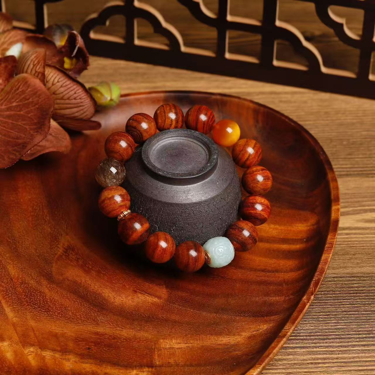 道毅珠宝天然海南黄花梨手串手链老蜜蜡绿色翡翠路路黑金超石