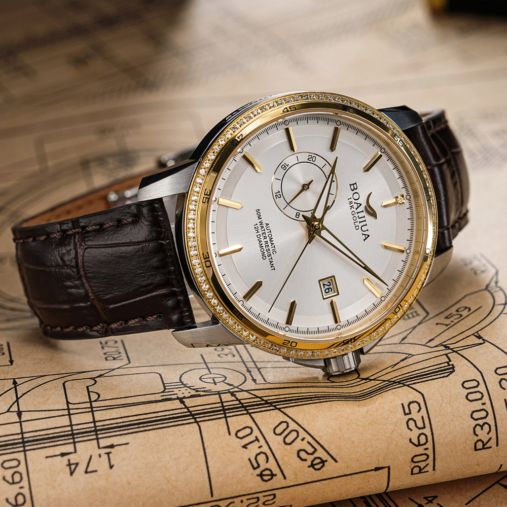 Baiaijia fully automatic mechanical men's watch, waterproof men's wristwatch, original genuine leather and real diamond watch, 18K gold label watch, 8001 daylight gold Specification drawing
