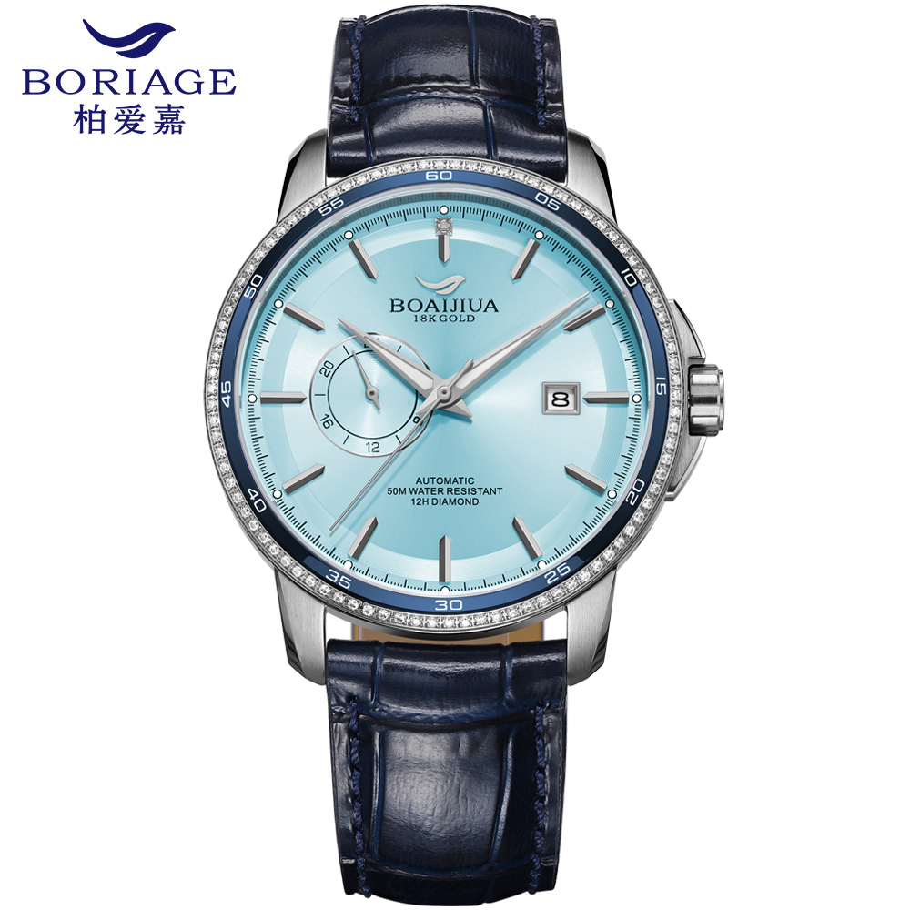 Baiaijia fully automatic mechanical men's watch, waterproof men's wristwatch, original genuine leather and real diamond watch, 18K gold label watch 8001 Glacier blue full figure