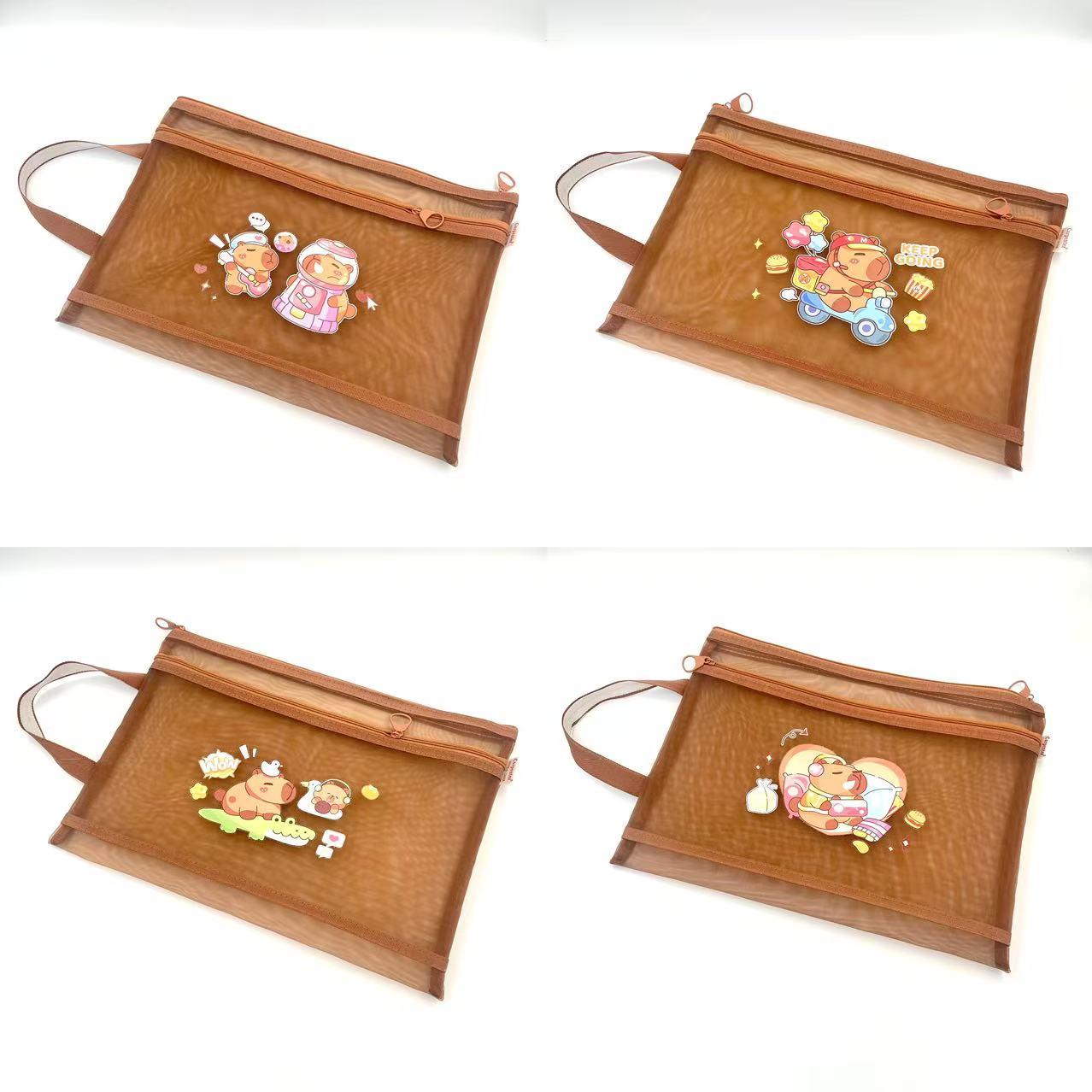 A4 double-layer zipper bag, cartoon printed net bag, student stationery bag, double-layer pen bag, office materials bag
